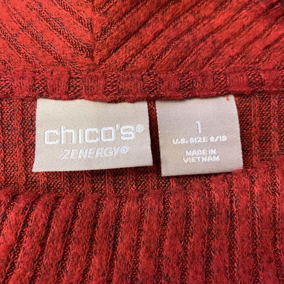 Chico’s Zenergy Sz 1 US 8/10 Sweater Ribbed Cowl Neck Red/Black Heather Tunic - Picture 5 of 10